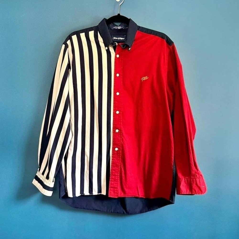Vintage 90s Colorblock Shirt Men's Size Medium Stars And Stripes Navy Red Retro